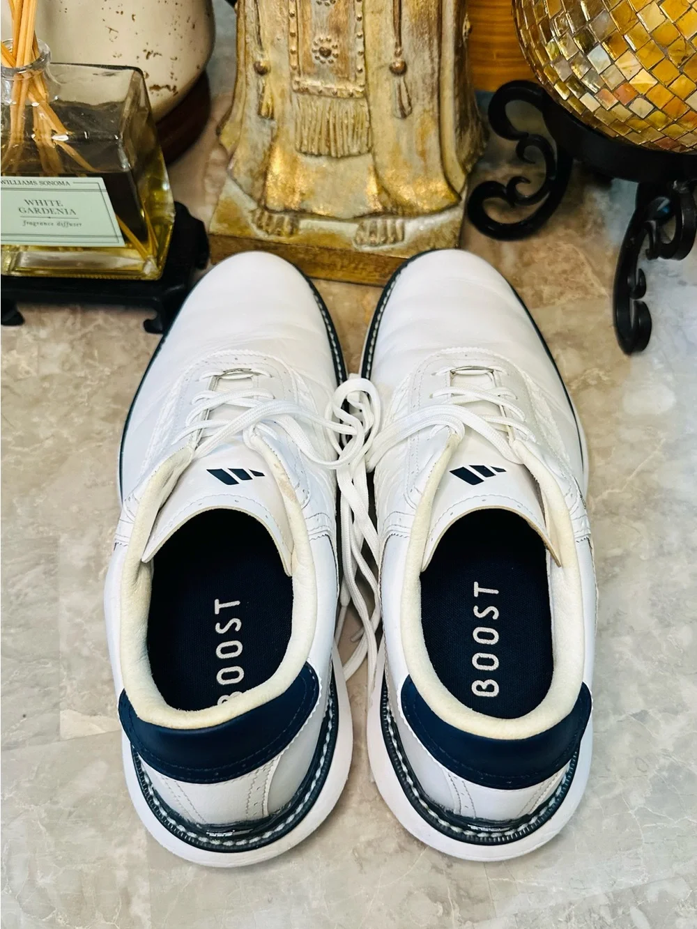 Men’s Adidas MC70 SL Golf Shoes White Leather Navy Spikeless Torsion Size 10.5